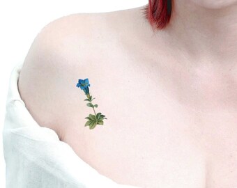 GENZIANA Set of 2 temporary tattoos Blue Gentian / Symbol of Determination / Green thumb gift / Tiny tattoos Blue Flowers