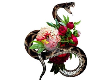 VIPER Lot de 2 tatouages temporaires Serpent & Fleurs / Symbole de Fertilité et de Protection / Cadeau unisexe pour illustration vintage Nature explorer