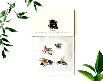 Set of 4 temporary tattoos Insects / Tiny tattoos completing your floral arrangement / Bugs tattoos, Wasp, Fly / Gift for Nature lover