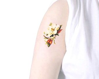 GRANDIFLORA Set di 2 tatuaggi temporanei Magnolia bianca / Simbolo di Dignità e Perseveranza / Regalo per amanti Natura e Piante