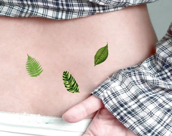 GREEN LEAVES Set of 3 temporary tattoos / Gift unisex for Nature explorer, Plant lovers, Green thumb / Tiny size fake tattoos