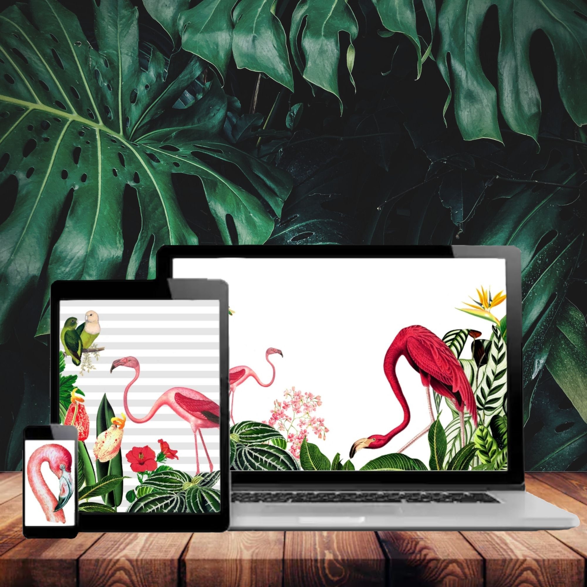 Tropical Flamingo Wallpaper 3 Wallpapers Set Iphone Ipad Etsy