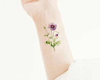 PINK POPPY Set of 2 Temporary tattoos / Symbol of Serenity & Vivacity / Gift for Plant and Flower lovers / Decore your body