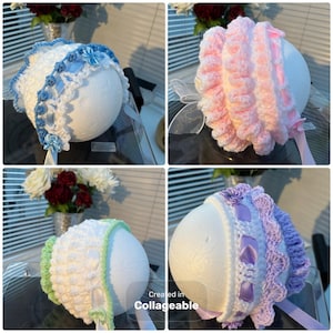 Peut inclure: Collage de quatre bonnets pour bébés faits à la main. Chaque bonnet est blanc avec des garnitures colorées. L'un a une bordure et un ruban bleus, un autre rose, un troisième vert et le dernier violet. Ils sont présentés sur des formes sphériques blanches.