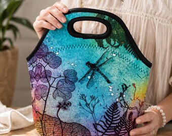 Ozean Libelle Lunch Tote | Isolierte Neopren-Tasche, botanische Kunst, wiederverwendbare Arbeitsschultasche