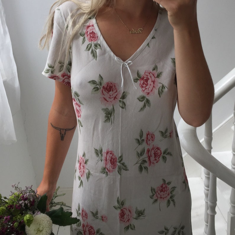 Vintage 90s Laura Ashley Beige Floral Cotton Linen Long Summer Dress