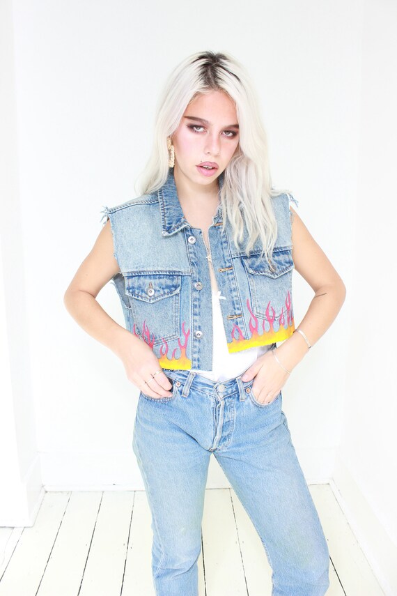 90 Vintage retravaillé Y2K gilet flamme Denim Biker gilet Y2K ded4a1 90 Vintage retravaillé Y2K gilet flamme Denim Biker gilet Y2K ded4a1