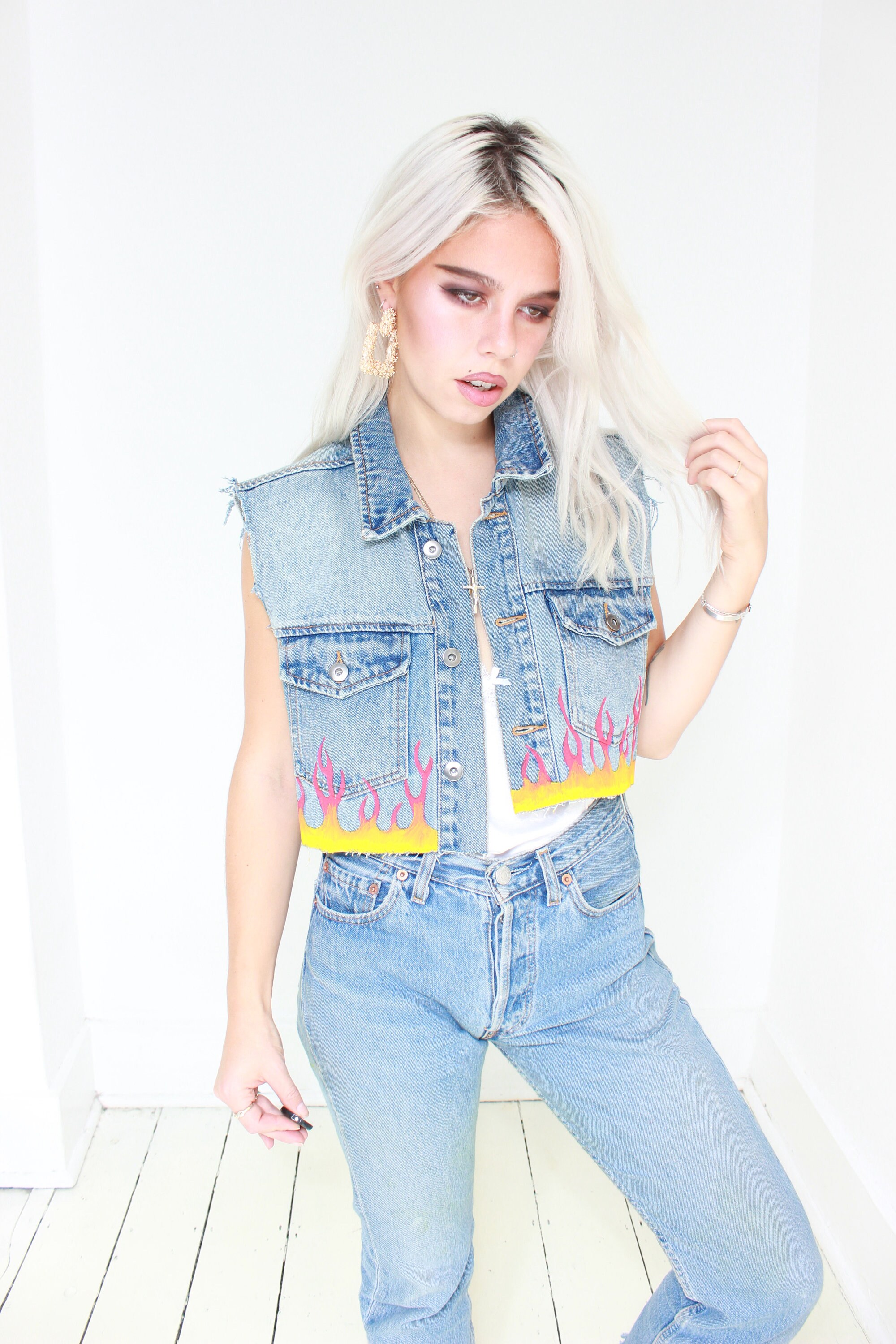 90 Vintage retravaillé Y2K flamme Denim Biker gilet 90 Vintage retravaillé Y2K gilet flamme Denim Biker gilet Y2K ded4a1