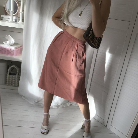 Vintage 1970s Salmon Pink Highwaisted Midi Skirt B