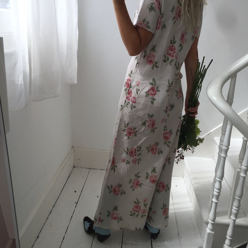 Vintage 90s Laura Ashley Beige Floral Cotton Linen Long Summer Dress