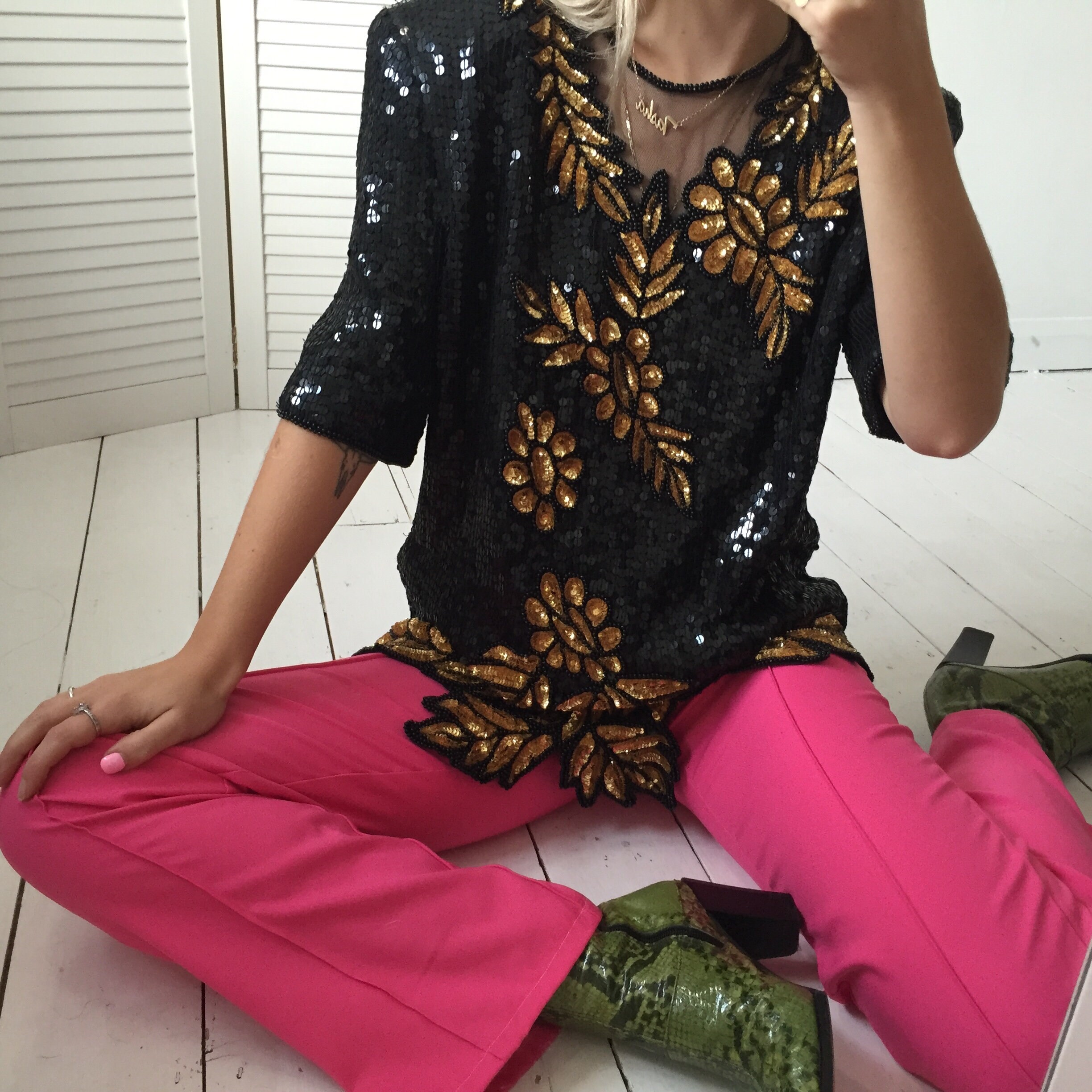 Image of Vintage S Black & Gold Sequinned & Beaded Party Top By Frank Usher