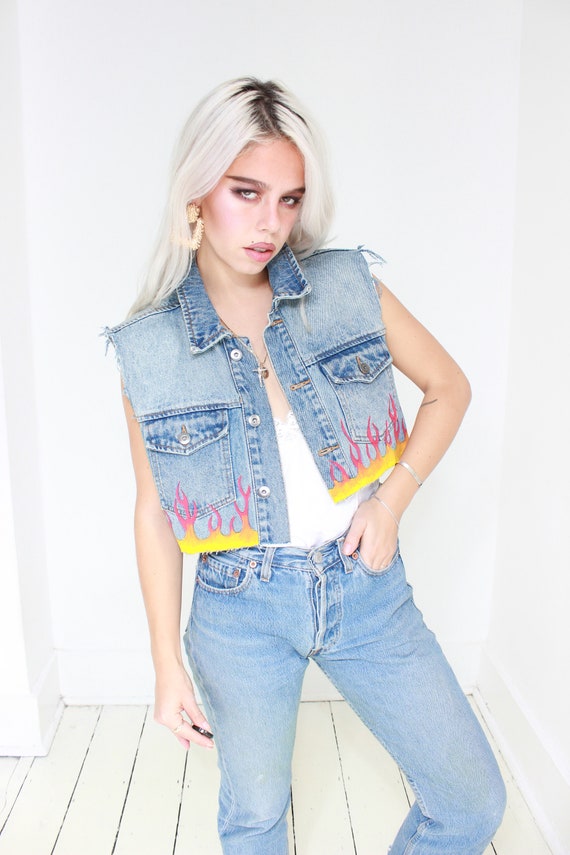 90 Vintage retravaillé Y2K gilet flamme Denim Biker gilet Y2K ded4a1 90 Vintage retravaillé Y2K gilet flamme Denim Biker gilet Y2K ded4a1