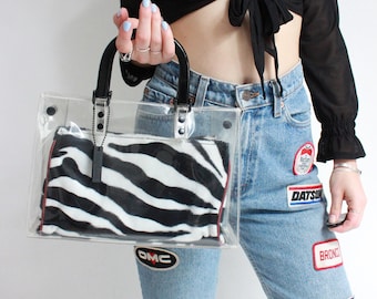 Vintage 90s Clear PVC Top Handle Zebra Print Handbag