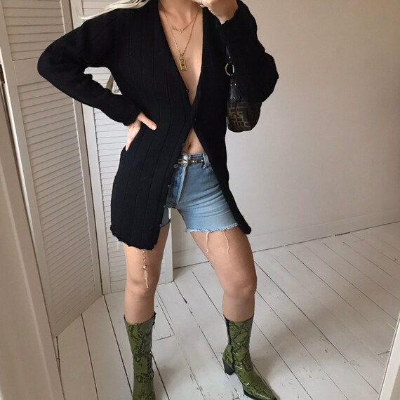 Vintage 90s Black Ribbed Wool Fitted Cardigan