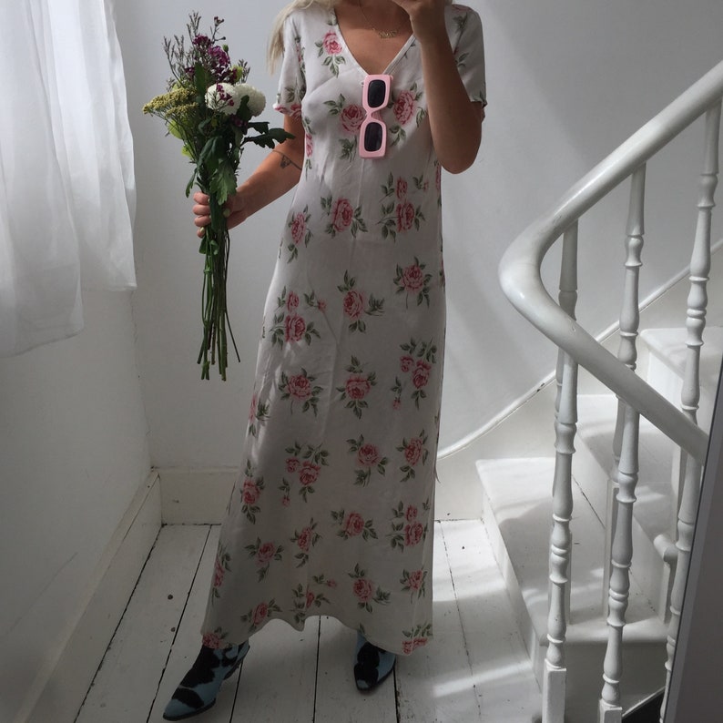 Vintage 90s Laura Ashley Beige Floral Cotton Linen Long Summer Dress