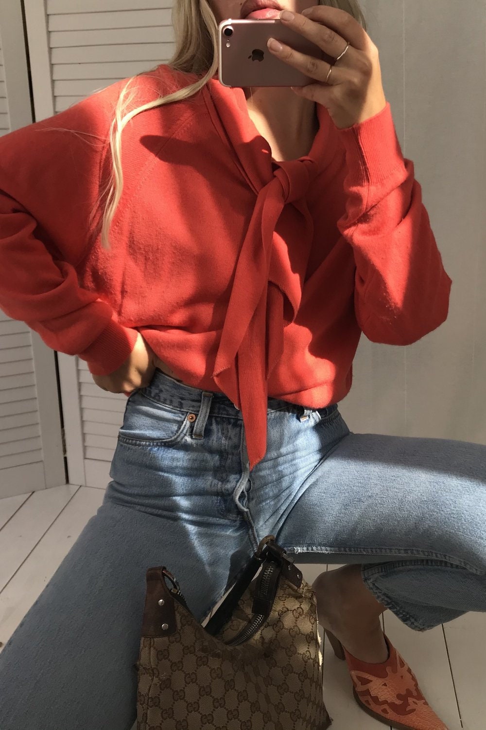 Image of Vintage S Peachy Tangerine Fine Knit Acrylic Jumper With Tie Collar