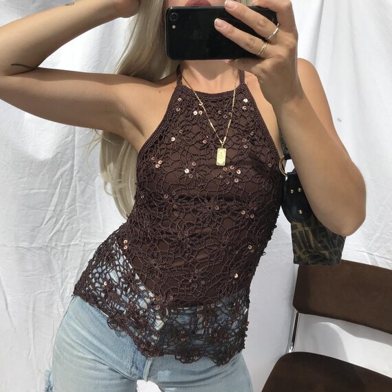 Vintage 90s Brown Crochet Sequin Halterneck Vest T