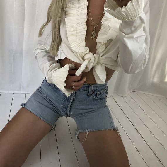 Vintage Y2K Cream Ruffle Collar & Cuff Fitted Blou