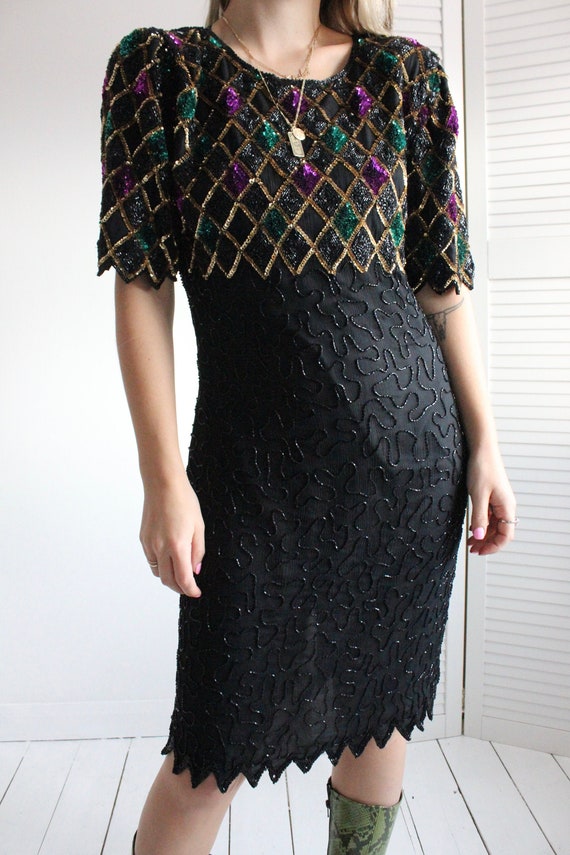 Vintage 90s Black Silk Sequin Cocktail Evening Jes
