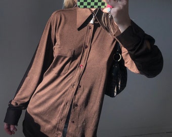 Deadstock True Vintage 1970s Unisex Brown Thin Shirt With Oversized Collar By Chard Libero