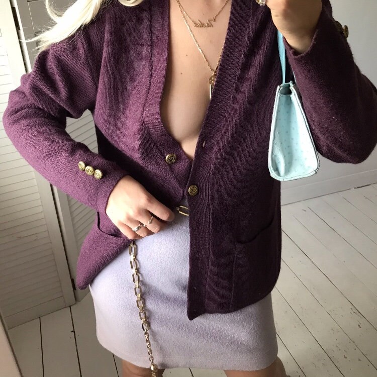 Image of Vintage YK Plum Purple Knitted Wool Mix Cardigan With Brass Buttons