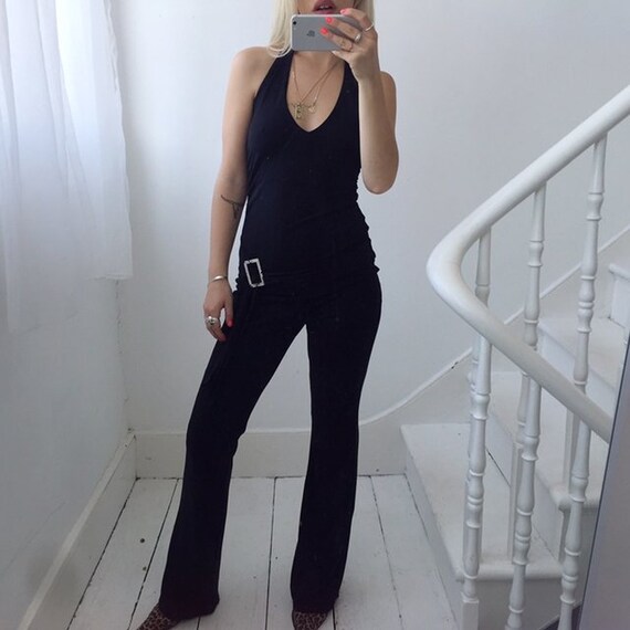Vintage 90s Y2K Black Diamanté Buckle Halterneck J