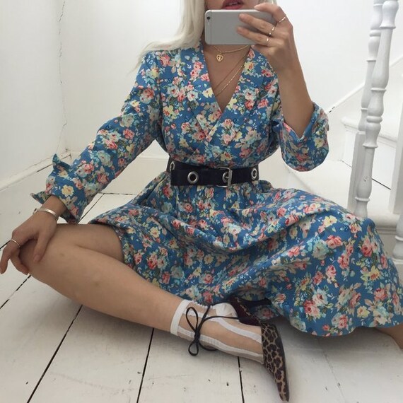 Vintage 60s Blue Floral Cotton Sunday Floral Dress