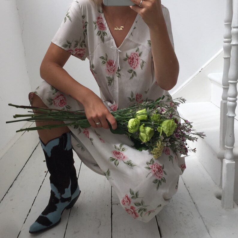 Vintage 90s Laura Ashley Beige Floral Cotton Linen Long Summer Dress