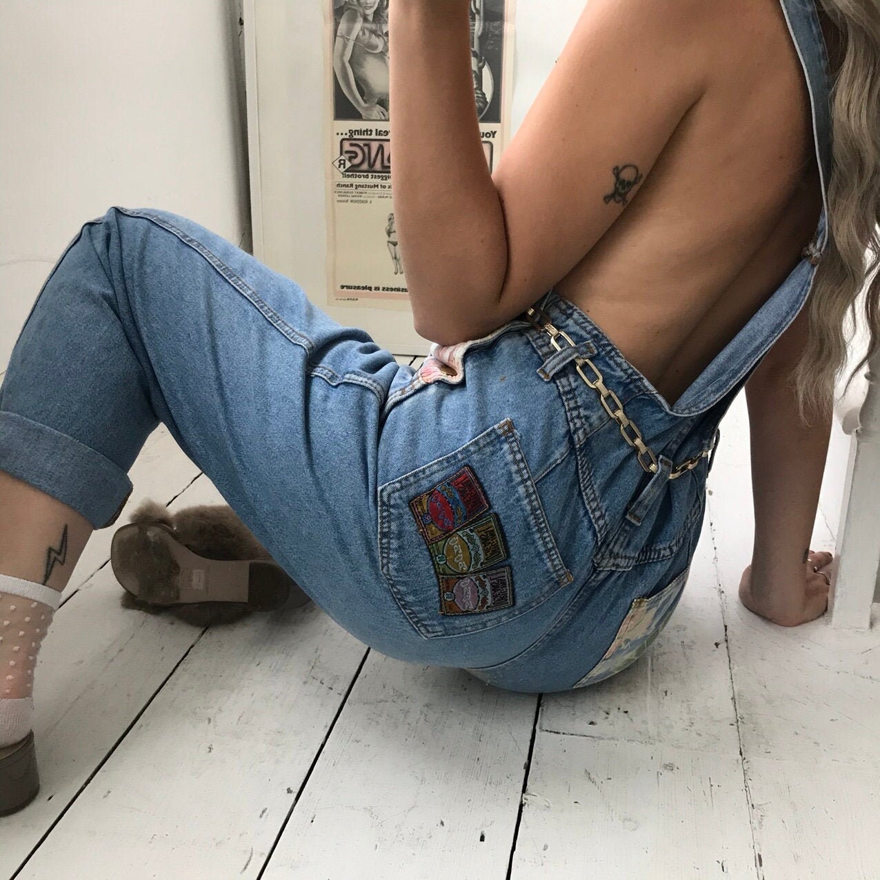 Image of Retro Vintage S S Blue Denim Dungarees With Floral Detail