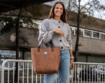 Large bison faux suede leather handbag with natural leather handles, shoulder stiffened tote bag, elegant women's bag