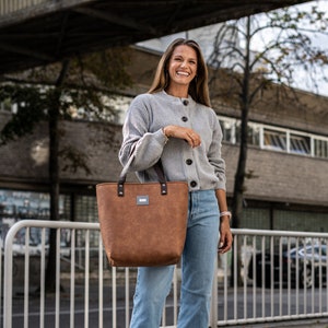 Large bison faux suede leather handbag with natural leather handles, shoulder stiffened tote bag, elegant women's bag