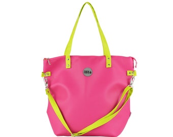 Extra Colorful Neon Pink And Lime Zippered Shopper Bag With Crossbody Strap, Vegan And Waterproof Personalized Gift For Her