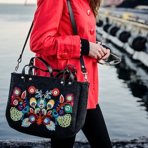Ethnic embroidered shoulder bag, Polish floral embroidery, Felt boho handbag, Folk personalized bag, Felt ethno crossbody zippered bag image 1
