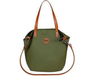 Large faux leather olive zippered elegant shopper bag, military style handbag, boho style tote bag, city bag