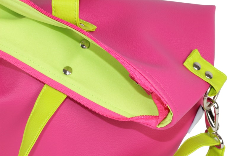 Neon Tote Bag Wildleder mit Reißverschluss und Taschen für Frauen Geschenk für Teenager Gril Fuchsia und Limette Handtasche Grünes Pink Bild 2