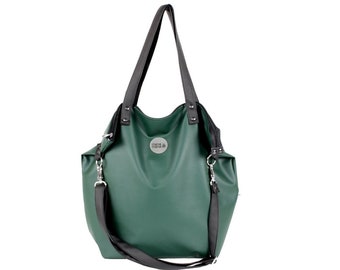Green and Black Large Crossbody Shopper Bag, Zippered Vegan Wateproof Shoulder Bag