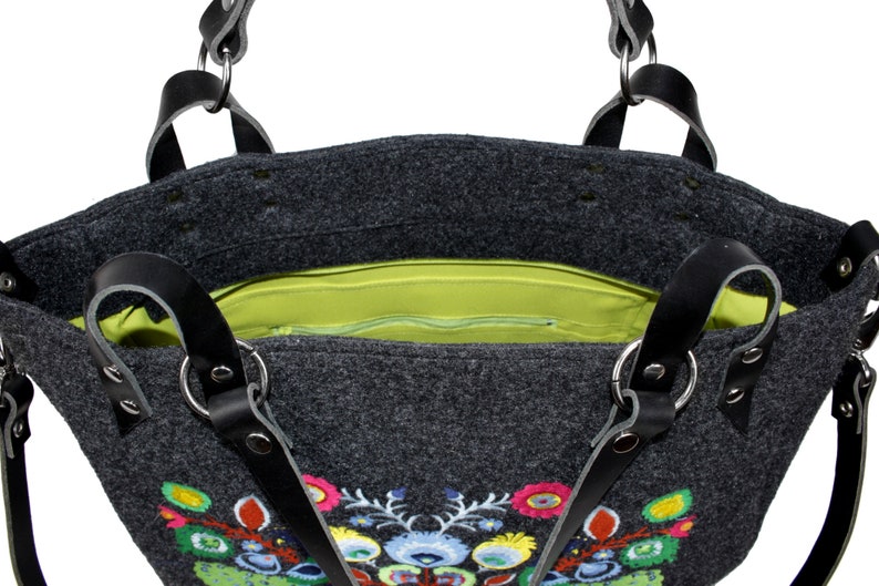 Ethnic embroidered shoulder bag, Polish floral embroidery, Felt boho handbag, Folk personalized bag, Felt ethno crossbody zippered bag image 6
