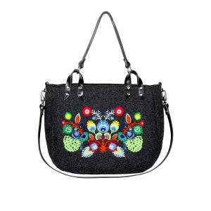 Ethnic embroidered shoulder bag, Polish floral embroidery, Felt boho handbag, Folk personalized bag, Felt ethno crossbody zippered bag image 3