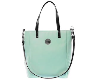 Faux And Natural Leather Tote Bag, Mint Large Crossbody Zippered Hand Bag