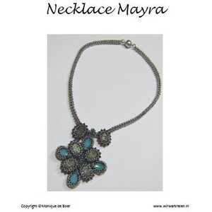 May include: A silver necklace with a pendant made of blue and green beads. The pendant is shaped like a flower with multiple layers. The necklace is called "Necklace Mayra".