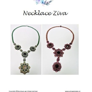 May include: Two beaded necklaces, one green and silver, the other brown and purple, are displayed. The necklaces have a floral design with a central pendant. The text "Necklace Ziva" is above the necklaces.