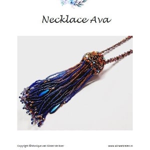May include: A beaded necklace with a tassel pendant. The tassel is made of blue and brown beads and has a metallic sheen. The necklace is called "Necklace Ava" and is from the brand "Wir War Kralen".