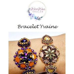 May include: Two beaded bracelets with intricate designs. One features orange and purple beads, the other has a star-shaped design with gold and pink accents. The text "Bracelet Yvaine" is displayed.