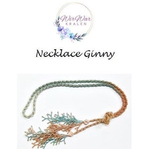 May include: A light blue and peach beaded necklace with a tassel. The necklace is made of small beads and has a knot at the end. The necklace is called "Ginny".