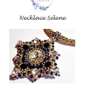 May include: A gold and blue beaded necklace with a star-shaped pendant. The pendant is made of gold and blue beads, and it has a clear crystal in the center.