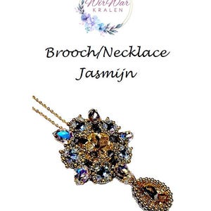 May include: A detailed brooch or necklace with a floral design, featuring a mix of gold, blue, and clear gemstones. The piece is suspended from a delicate gold chain. The text "Brooch/Necklace Jasmijn" is displayed.