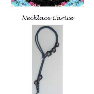 May include: A blue beaded necklace with a flower design. The necklace is tied with a knot at the bottom and has a long, flowing strand.