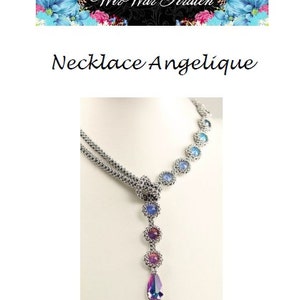 May include: A silver necklace with a teardrop-shaped pendant and round blue, purple and pink beads. The necklace is called "Necklace Angelique" and is from the website "Wir War Kralen".