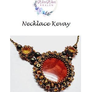 May include: A close-up of a necklace with a large, red, circular pendant surrounded by brown and gold beads. The necklace is made of brown and gold beads and has a dark brown cord.