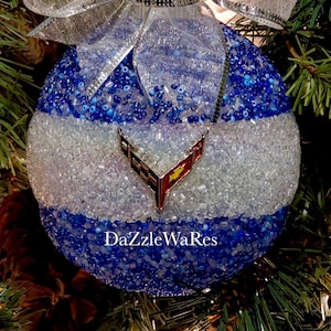 ORNAMENT 5&quot; Round Beaded-Christmas-CORVETTE C8- Ready to Ship-As Shown Royal Blue & Clear-Hand Beaded-Holiday Gift-Automotive-ManCave Decor